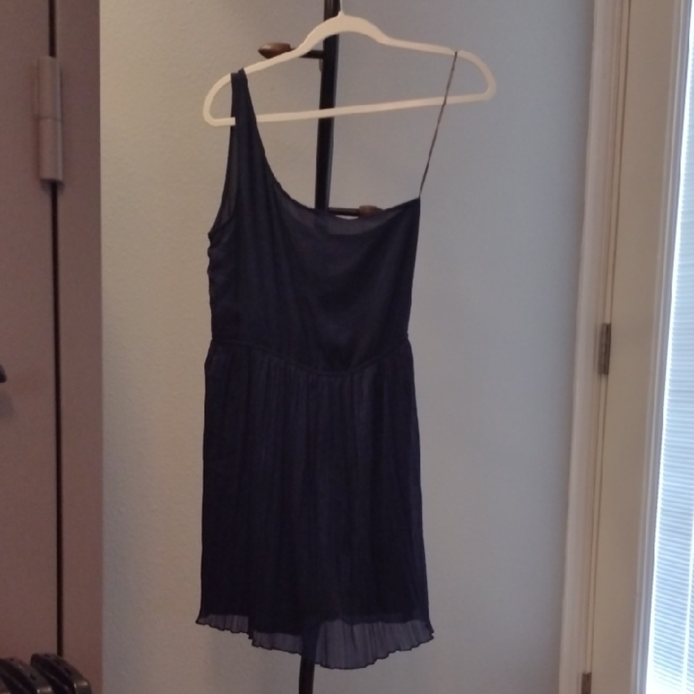 One Shoulder Pleated Dress Lined Sheer Navy Blue Women Med Zara Stretch Waist